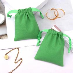 Custom Logo Printed Small Green Cotton Linen Drawstring Key Jewelry Storage Bag Organic Muslin Linen Gift Packing Pouch