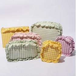 Low MOQ Gingham cosmetic bag Lattice Cute small pouch for Women Ruffle Girls Makeup Bag beauty case bag
