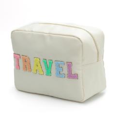 Low MOQ Stock Nylon Women Lady Custom Embroidery Chenille Patches Custom Travel Makeup Pouch Small Cosmetic Bag