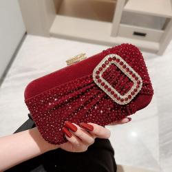 Trendy ladies party red rhinestone clutch bag purses women's dress velvet clutch bag evening bags chain dinner clutch handbags