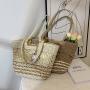 New Handmade Grass Weaving Large Capacity Beach Vacation Contrast Color Handbag