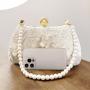 Fashionable Silk fabric pearl chain handle sling bag handbag ladies purse white embroidery flower clutch bag women evening bags