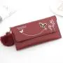 Fashionable  Women Long Wallets Pure Color Wool Ball Bow Clutch Bag Women's Long Bag Card Bag Coin Purse