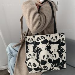 Large Capacity Women's Shoulder Bag Zipper Canvas Bag Cute Panda Cartoon Print Portable Shopping Bag Double-Sided Print