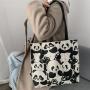 Large Capacity Women's Shoulder Bag Zipper Canvas Bag Cute Panda Cartoon Print Portable Shopping Bag Double-Sided Print