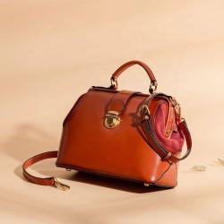 New Leather Handbags Messenger Bag Retro Simple Contrast Color Handbag Leather Doctor Bags