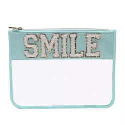 Keymay Chenille Letter Travel Organization Pouch Nylon and PVC Clear Flat Transparent Makeup Cosmetic Bag Clear Zipper Pouches