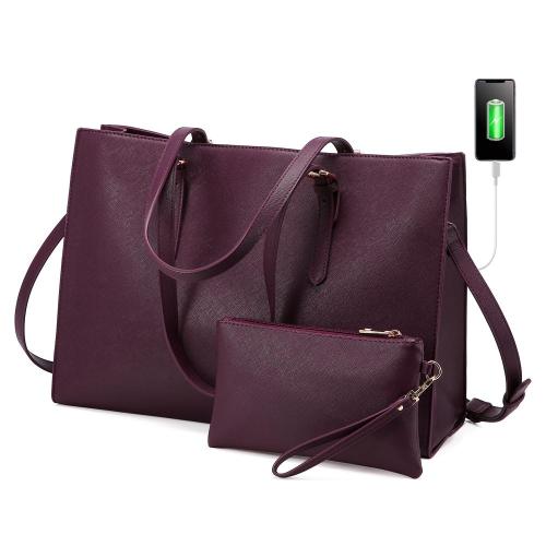 Wholesale 2pc Stylish office lady PU tote handbag sets large leather shoulder bags Croc solid laptop briefcase handbag for women