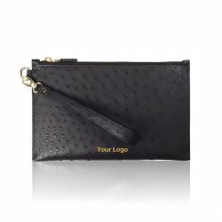 New Fashion Luxury High End Quality Ostrich Skin Purse Personalized Custom Zipper Flat Men Pouch Clutch Bag With Wrist Strap