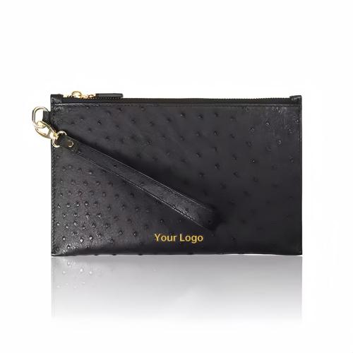 New Fashion Luxury High End Quality Ostrich Skin Purse Personalized Custom Zipper Flat Men Pouch Clutch Bag With Wrist Strap