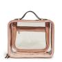 Custom Pink Double Zippers Leather Cosmetic Train Case With PVC Pocket Large Clear Cosmetic Cases for Travel