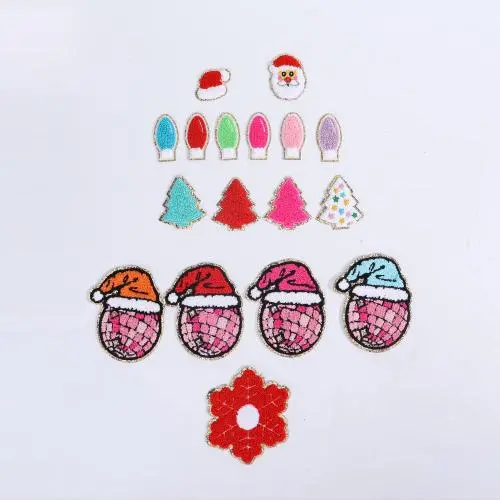 Fast Delivery Low MOQ Custom Wholesale DIY Sticker Iron On Embroidery sequins Christmas Letter Glitter Chenille Patches