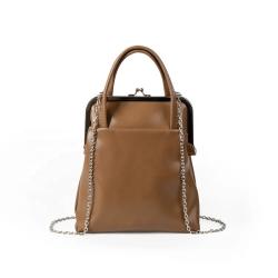 Korean bag cute brown chain lipstick bag Pu leather button style handbag metal clip opening mini bag