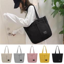 Gelory Pure Color Reusable Recycled Shopping Shoulder Bag Casual Outdoor Handbag Zipper Canvas Tote Bag for Women
