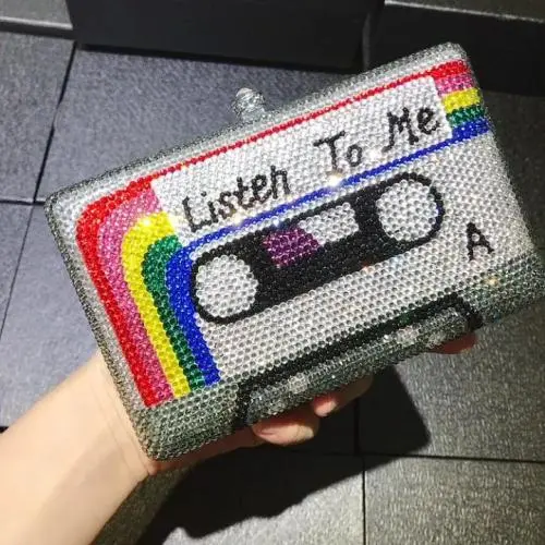 Wholesale Vintage Radio Tape Rhinestone Clutch Women Crystal Evening Bags Wedding Party Diamond Box Minaudiere Clutch Purse