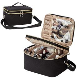 Double Layer Travel Makeup Bag with Strap Black Travel Hanging Makeup Bag Top Layer for Brushes