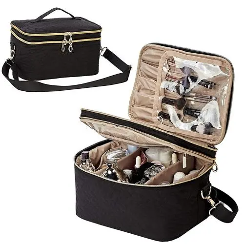 Double Layer Travel Makeup Bag with Strap Black Travel Hanging Makeup Bag Top Layer for Brushes