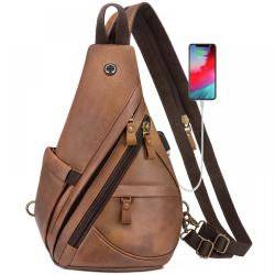 LOVEVOOK Fashion Canvas Crossbody Backpack Genuine Leather Shoulder Bag Casual Daypacks for Men Cycling Hiking Travel Sling Bag