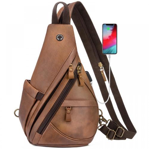 LOVEVOOK Fashion Canvas Crossbody Backpack Genuine Leather Shoulder Bag Casual Daypacks for Men Cycling Hiking Travel Sling Bag