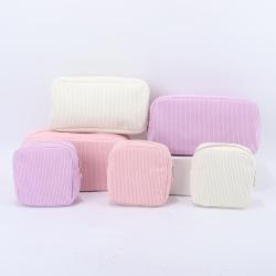 Keymay Winter Eco Friendly Women Cosmetic Pouch Bag Custom Makeup Zipper Stand Organizer Pouch Corduroy Toiletry Bag