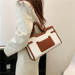 Fashion Contrast Color Handheld Large Bags for Women Briefcase Tote Bag Single Shoulder Cotton Linen PU Polyester OEM Square
