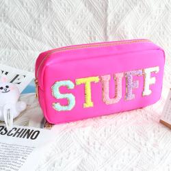 Low MOQ Stock Cute Small Pouch Travel Zipper Jelly Cosmetic Bag Custom Designer Chenille Patches Letter Makeup Bags