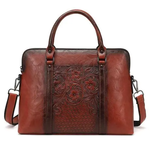 OEM 2024 Vegan Leather Luxury Briefcases Office Bags Laptop Bag For Retro Women Handbags With Emboss Flowers