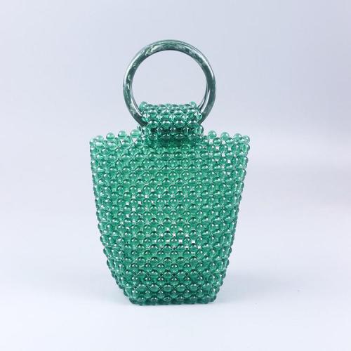 Fashion trend green acrylic round portable shell bag handmade beaded woven casual handbag for women 2024