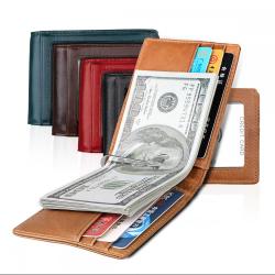 CNL007 Unisex Genuine Leather Rfid Wallet Money Clip Metal Clip Slim Leather Purse Business ID Credit Card Holder Card Case