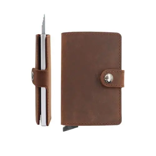 Wholesale Metal Front Pocket Wallet Genuine Leather Pop Up Metal Credit Card Holder Wallet