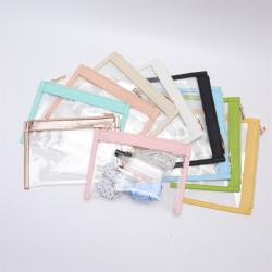 Custom Wholesale Ladies Bridesmaid TPU Leather Clear Zipper Travel Cosmetic Bag Storage Organizer Clutch Bag PVC Flat Zipper Bag