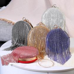 New metal box purse fashion handbags woman party wedding bag round luxury rhinestone tassels evening bag lady bags pochette femme