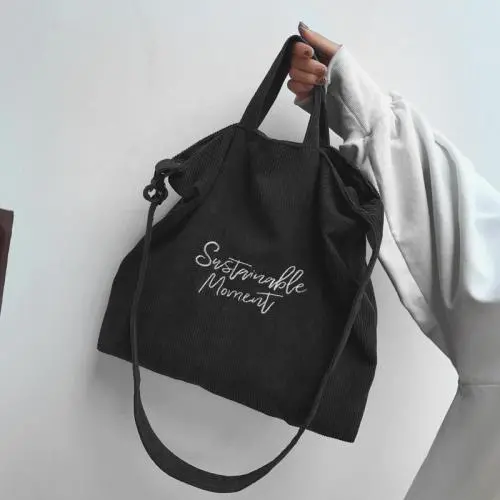 Corduroy Handbags Literary Embroidery Letter Tote Bag Retro College Style One-shoulder Diagonal Handbag Big Bag