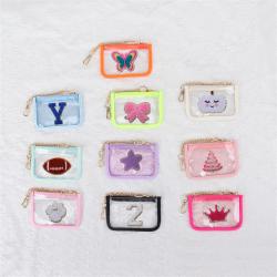 Keymay RTS Fast Shipping 10 Colors Personalized Chenille Patches PVC Clear Coin Pouch Keychain Wallet Women Mini Coin Purse