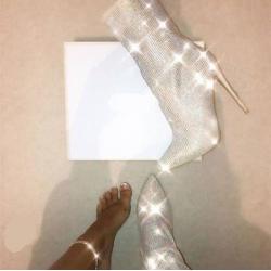 Crystal Thin High Heel Ankle Boots For Women Sexy Pointed Toe Short Boots Side Zipper Fashion Ladies Shoes