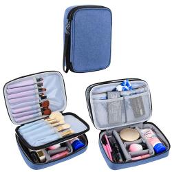Blue Double Layer Travel Cosmetic Bag Case Makeup Organizer Bag with Handle Strap for Makeup