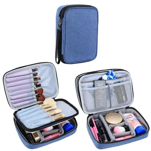 Blue Double Layer Travel Cosmetic Bag Case Makeup Organizer Bag with Handle Strap for Makeup