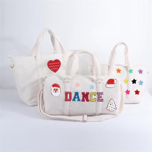 Keymay Christmas Gift Personalized Chenille Patch Cozy Plush Teddy Sherpa Weekender Bag Woman Travel Bag Women Gym Duffle Bag