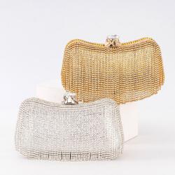 Wholesale golden shiny elegant rhinestone purse tassel evening bags women's clutch bags handbag for ladies