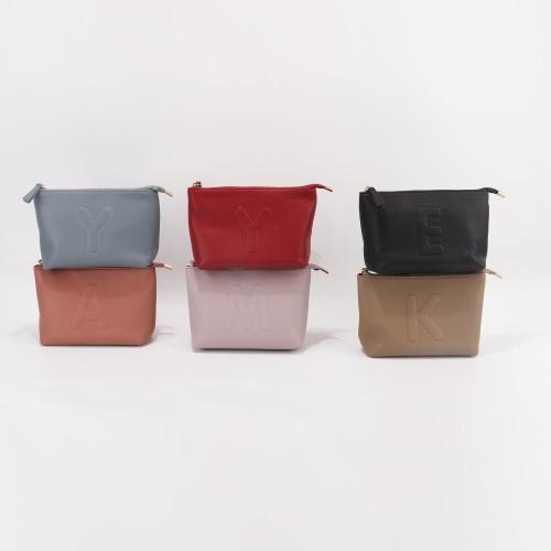 Portable Embroidery Letter Lychee Pattern PU Cosmetic Bag Custom Vegan Leather Makeup Organizer Zipper Pouch Travel Toiletry Bag