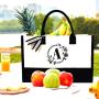 Personalized initials canvas beach bag gift handbag women's black and white solid Cotton Canvas Shoulder Bag