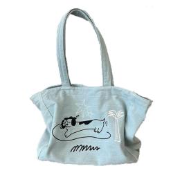 ZWY091 Puppy Embroidery Denim Women Tote Bag Outdoor Hundred Travel Work Shoulder Bag Daily Fashion Lightweight Organizer Bag