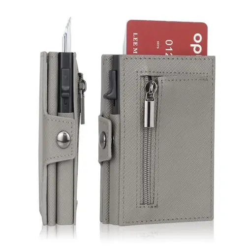 Customized Leather Aluminum Holder Card Holder Men Zipper Coin Purse Rfid Credit Card Holder Pop Up Wallet