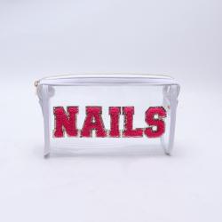 keymay Custom Embroidery Chenille Letters PVC Zipper Pouch Custom Logo Transparent Toiletry Makeup Bag Clear Cosmetic Bag