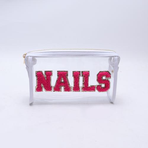keymay Custom Embroidery Chenille Letters PVC Zipper Pouch Custom Logo Transparent Toiletry Makeup Bag Clear Cosmetic Bag