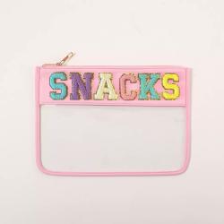 RTS Travel Snacks Chenille Patch Flat Nylon Transparent Cosmetic Makeup Clear Pouch With Zipper Nylon Pouch Bag