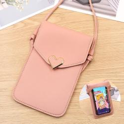 New Ladies Fashionable Heart-Shape Decorated Transparent Touch Screen Mobile Phone Bag Simple Women's Student Messenger Bag