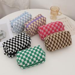 Gelory Makeup Pouch Travel Toiletry Organizer Bag Knitted Black Brown Checkered Cosmetic Bag for Women Girls