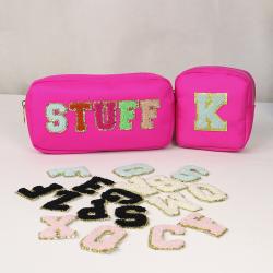 Keymay Bag Custom Letter Patches Hot Pink Cute Travel Makeup Pouch Portable Waterproof Nylon Cosmetic Bags