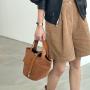 Autumn Retro Spliced Leather Basket Bag External Leather Buckle Suede Leather Handbag
